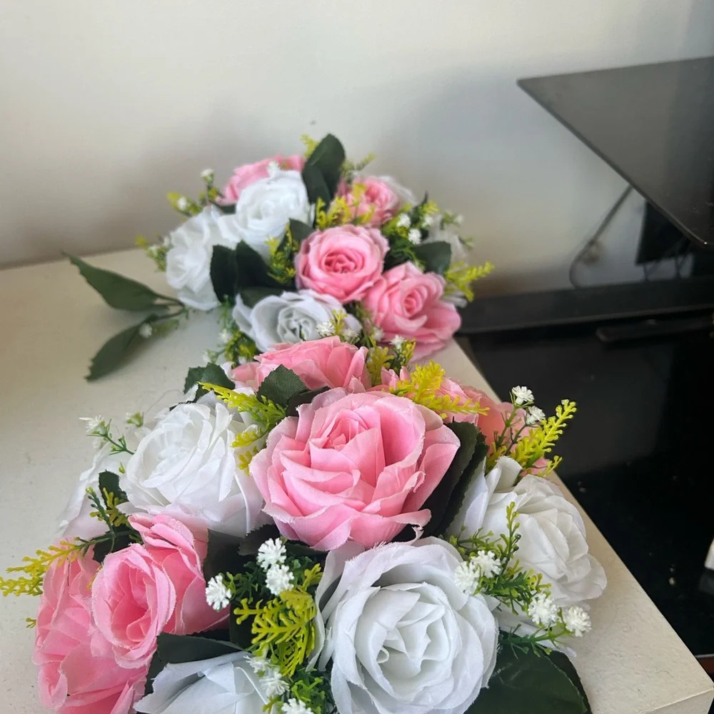 2 pcs bouquet bridal bridesmaid Pink and White Rose Floral Arrangement